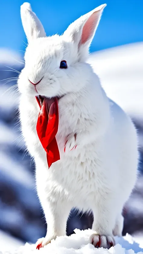 A white rabbit with sharp teeth, sharp bloody claws, red eyes, on snowy mountain,