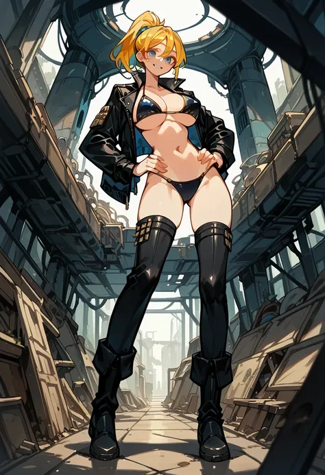 Masterpiece, best quality, Masterpiece, best quality, 1 woman , blue eyes , yellow ponytail , black leather jacket , sly face , smile , bikini , abdomen, big breasts , Long legs , boots , hands on hips , abandoned factory , at night