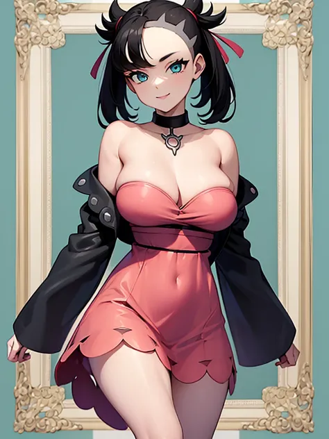 ((masterpiece,best quality)), absurdres, marnie, aqua eyes, black choker, red ribbon, pink dress, jewelry, black jacket, open clothes, long sleeves,  solo, smiling, looking at viewer, cowboy shot,  contrapposto, large breasts, microdress, crochet dress, st...