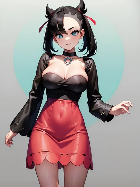 ((masterpiece,best quality)), absurdres, marnie, aqua eyes, black choker, red ribbon, pink dress, jewelry, black jacket, open clothes, long sleeves,  solo, smiling, looking at viewer, cowboy shot,  contrapposto, large breasts, microdress, crochet dress, st...