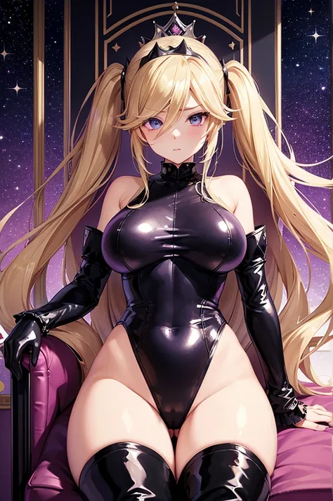 erotic、Rosalina、long blond、Long twin tails、Big Breasts、Shiny purple sequin leotard、Black knee socks、Leather Handbags、boots、Dimly lit room、Throne、brainwashing、Hollow Eyes、Evil Female Executives、Adult、Sexy pose、Sitting、Upper body emphasis、Queen、Looking down、...