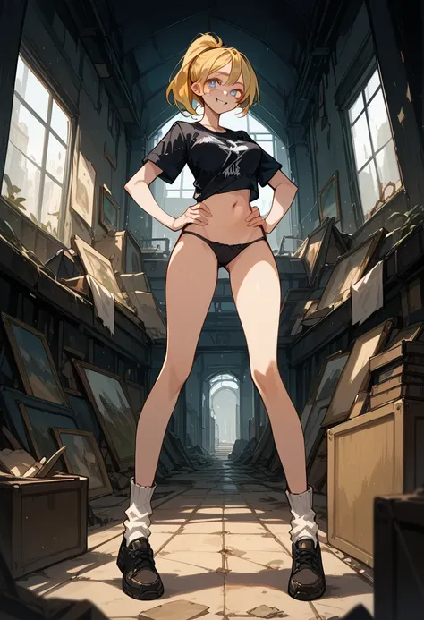 Masterpiece, best quality, Masterpiece, best quality, 1 woman , blue eyes , yellow ponytail , sly face , smile , Black shirt , black panties , abdomen, big breasts , Long legs , long socks , canvas shoes , hands on hips , abandoned factory , at night