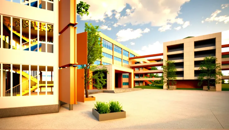 there is a courtyard with a planter and a building in the background, architecture render, architectural render, architectural 3 d render, architectural visualization, low angle dimetric rendering, rendered in lumion pro, render in vray, highly detailed re...