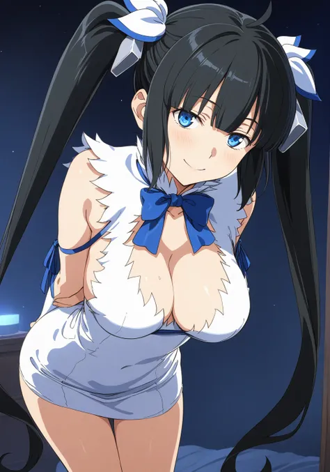 best quality, amazing quality, very aesthetic, absurdres, (1girl, hestia (danmachi),hestia (danmachi),long hair,blue ribbon,twintails, solo, big breasts),(gown:1.8), (smile, night, thigh:1.3), (cowboy shot), (half closed eyes:0.9), (from above0.7), (), (be...