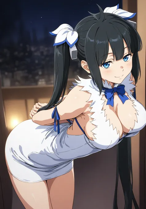 best quality, amazing quality, very aesthetic, absurdres, (1girl, hestia (danmachi),hestia (danmachi),long hair,blue ribbon,twintails, solo, big breasts),(gown:1.8), (smile, night, thigh:1.3), (cowboy shot), (half closed eyes:0.9), (from above0.7), (), (be...