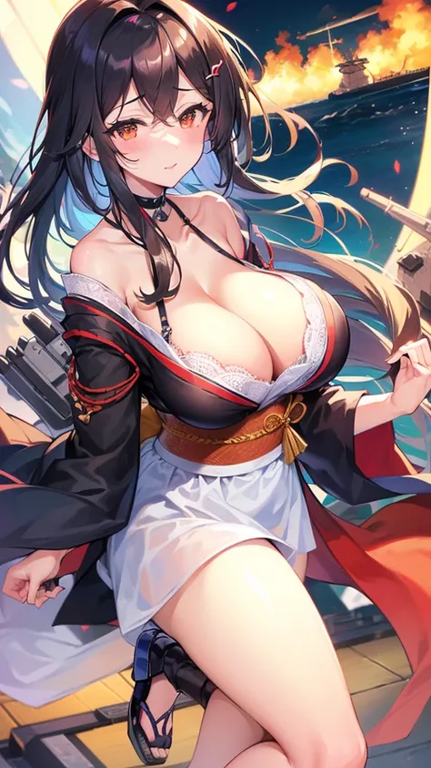 (((Azur Lane)))、((Amagnagi))、Brown long hair、Sodium Bicarbonate Ship、Big Breasts、(Fox ears)、(Red and black kimono)(((Aircraft Carrier Personification))