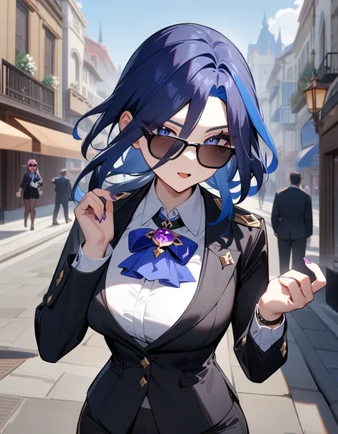 1girl, clorinde (genshin impact), genshin impact,boss,sun glasses, suit,cool,city street,masterpiece,very aesthetic,newest,sensitive