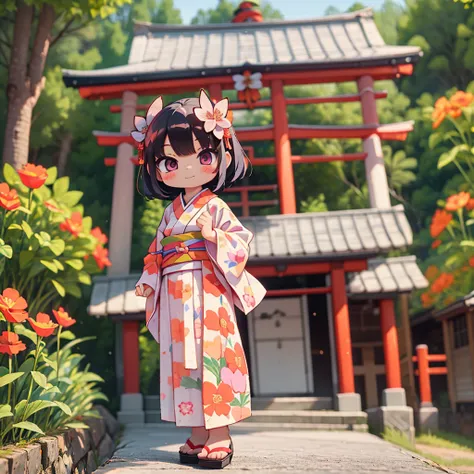 photorealstic、japan shrine in the background、３year old girl、wearing a kimono to celebrate shichi-go-san、traditional events of ja...