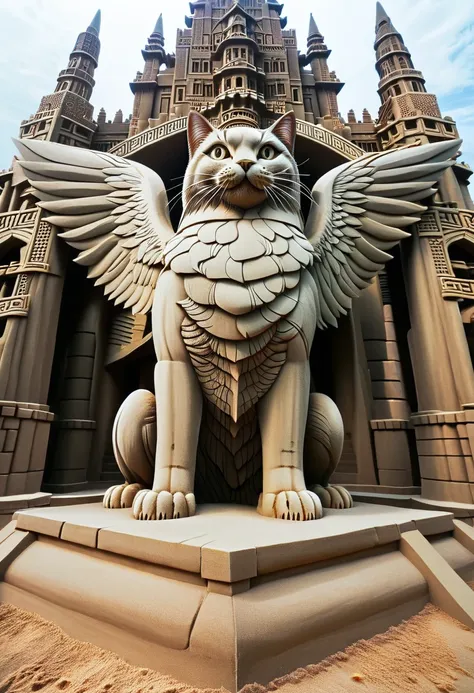 huge divine cat with big wings. huge divine cat with big wings. close-up. mythical story background is architectural wonder. pal...