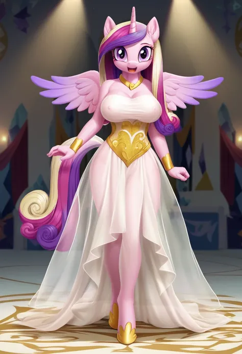 score_9, score_8_up, score_7_up, score_6_up, score_5_up, score_4_up,  by aki99, source_pony, rating_questionable, masterpiece, countershading, detailed soft lighting BREAK
anthro pony princess cadance wearing a golden see through dress, long hair, joyful, ...