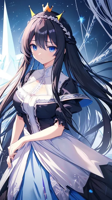 best quality, extremely detailed,anime style girl,long hair down to the waist, straight hair, ((dark black hair with bluish)),((crown braid)),beautiful detailed eyes, pinched eyes, (dark blue eyes),huge breasts,curvy,((((white main princess battle dress)))...