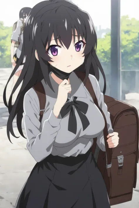 anime girl with a backpack and a mask on her face, purple eyes, anime moe artstyle, cute anime waifu in a nice dress, anime visual of a cute girl, beautiful anime high school girl, gray shirt, short skirt, anime girl with long hair, long straight hair, hig...