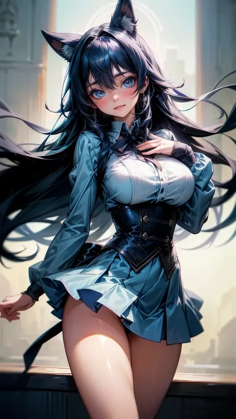 1girl, Long Hair, Black Hair, Ribbon, Blue eyes, Large breasts,medium thighs,Hair Between Eyes, cute pose, hand in the hip,Motion Blur, Depth Of Field, Cowboy ShotAnime, High Resolution, Masterpiece, High Quality, High Details, HD, Looking at viewer, 