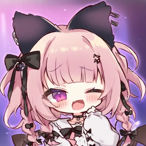 Top quality, masterpiece, chibi character, animal ear girl, peal purple and blunt bangs hair, twin braids, eyes closed, mouth wide open and screaming, blushing, smilng,fangs,(a girl with closs hair pin,
pink shirt,cosplay, jirai kei, bangs, black skirt, bl...