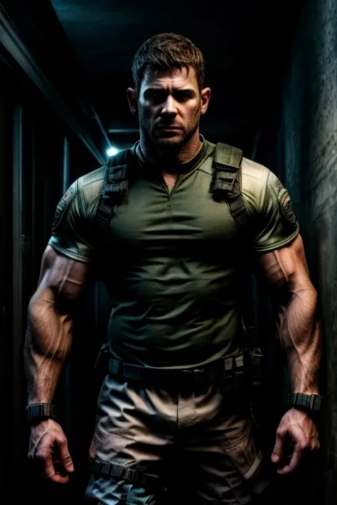 1 man, solo, 35 year old, Chris Redfield, wearing a green T-shirt, serious face, looking at the camera, white color on the shoulder and a bsaa logo on the shoulder, military tactical suit, equipment, (holding a pistol with 2 hands), tall and hunk, biceps, ...