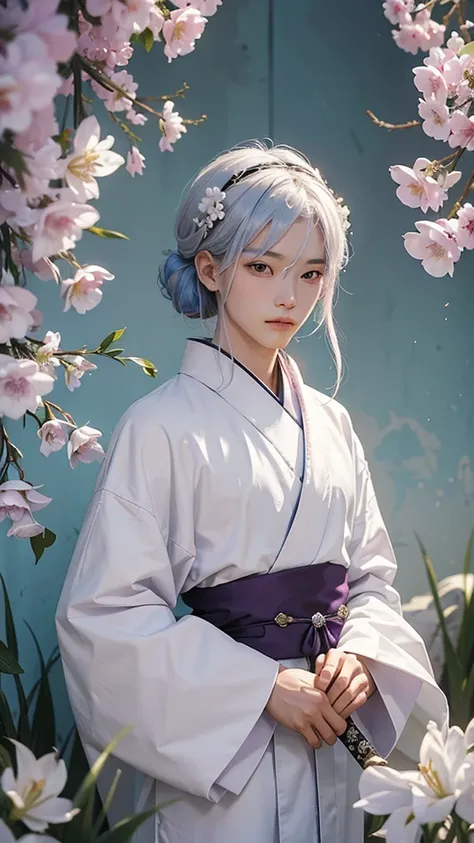 A Chinese boy who has a white hair and holding a sword wearing a white kimono with long long sleeps his kimono has a Persian painting patron and its shiny behind him is a wall its like a rock wall half top of the painting is surrounded by white pink purple...