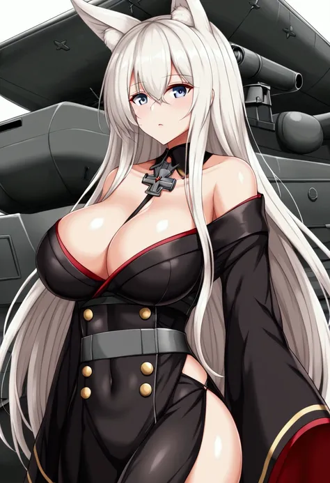 ((Battleship Girls))),(((Azur Lane)))、((Amagnagi))、Brown long hair、Sodium Bicarbonate Ship、Big Breasts、(Fox ears)、(Red and black kimono)(((Aircraft Carrier Personification))