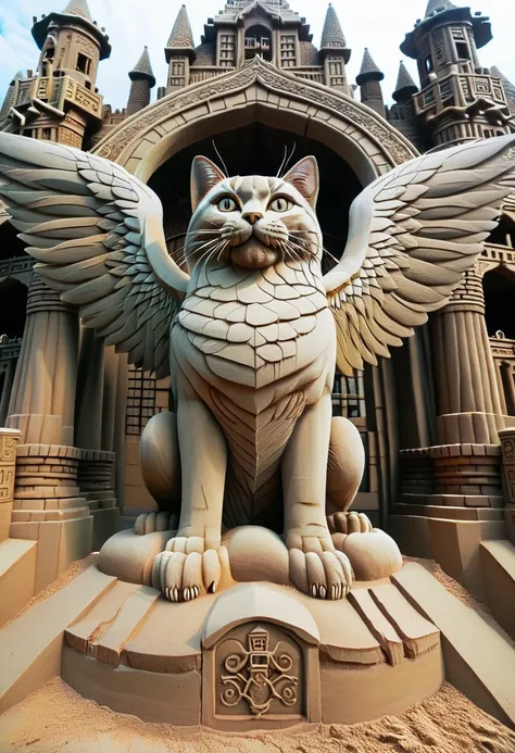 a huge divine cat with big wings. a huge divine cat with big wings. close-up. mythical story background is architectural wonders...