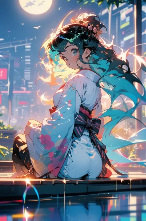 masterpiece, best quality, ultra detailed, river, a girl, samurai, a kitty, happy, smiling, sitting on the floor, looking away, bob, curly, aqua hair, odd eyes, droopy eyes, pale skin, , beautiful breasts, kimono, holding fishing rod, with a full moon, in ...