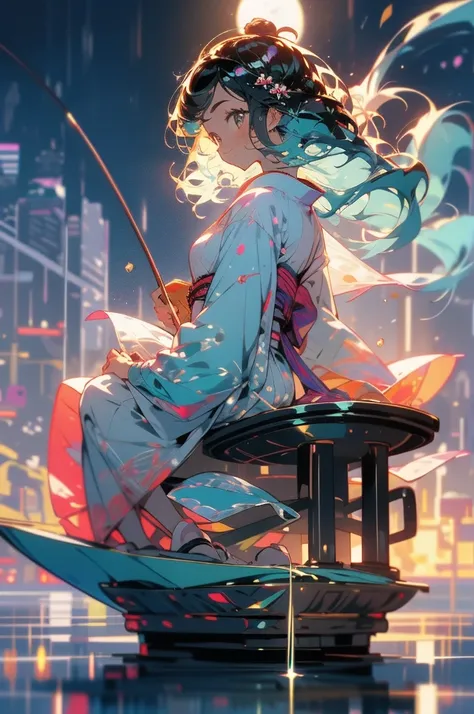 masterpiece, best quality, ultra detailed, river, a girl, samurai, a kitty, happy, smiling, sitting on the floor, looking away, bob, curly, aqua hair, odd eyes, droopy eyes, pale skin, , beautiful breasts, kimono, holding fishing rod, with a full moon, in ...