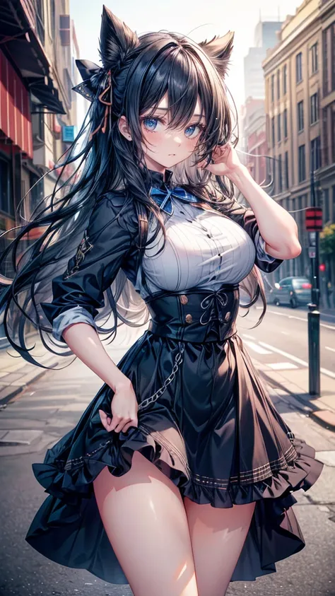 1girl, Long Hair, Black Hair, Ribbon, Blue eyes, Large breasts,medium thighs,Hair Between Eyes, cute pose, hand in the hip,Motion Blur, Depth Of Field, Cowboy ShotAnime, High Resolution, Masterpiece, High Quality, High Details, HD, Looking at viewer, 