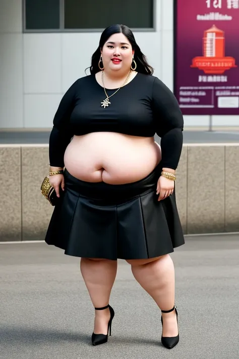 masterpiece, best quality, live action photo, 140kg extremely obese woman, large stomach, mini skirt, high heel, necklace, earring, bracelet