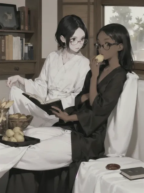 Two girls. (The first girl: dark-skinned, African-American, shoulder length black hair, round glasses, dressed in white pajamas, eats potatoes for dinner)


(Second girl: White skin, Short black hair, dressed in a black robe and black underwear, No Points,...