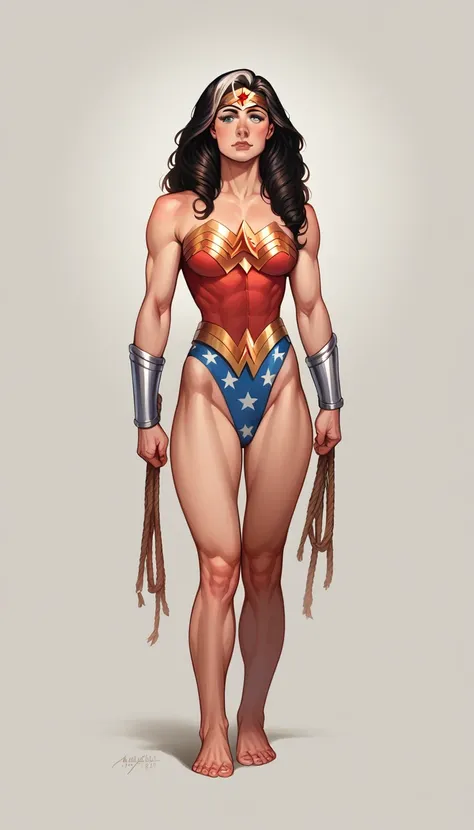 ((full body photo, standing, feet on the ground)) a 20 year old american woman wearing wonder woman outfit, athlete's body, beau...