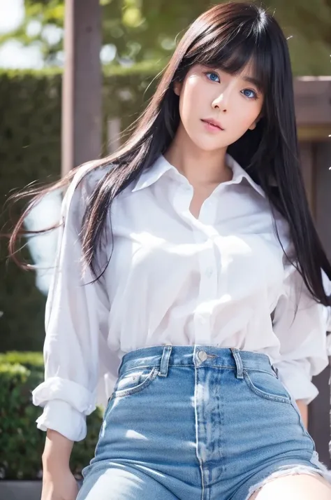 30-year-old woman,Long face,Black Hair,Asian,Long Hair,Long Bangs,Blue Eyes,White Shirt,Leather pants