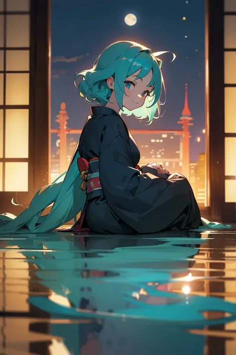 masterpiece, best quality, ultra detailed, river, a girl, samurai, a kitty, happy, smiling, sitting on the floor, looking away, bob, curly, aqua hair, odd eyes, droopy eyes, pale skin, , beautiful breasts, kimono, with a full moon, in the evening, nostalgi...