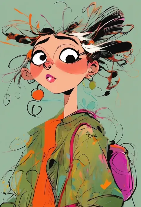 (((Digital character sketch:1.37，Matchstick Men))).(1 Girl,Solitary,big eyes，Pointed nose，(Exaggerated expression,Exaggerated hairstyle)，Messy hair)，(Black sketch lines，Loose brushstrokes create the outline，Cartoon Style. Bright colors and simplified lines...