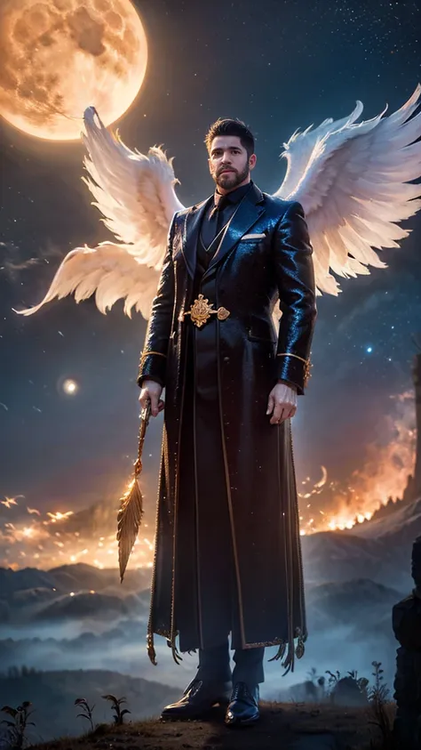 a male 35 year old angel, shiny coat, with thousands massive wings, with a full moon in the background, divine art, 200 feet tall, unknown face detail, stand between two mountains, ultra definition, best quality, 32k ultra, ultra HD.