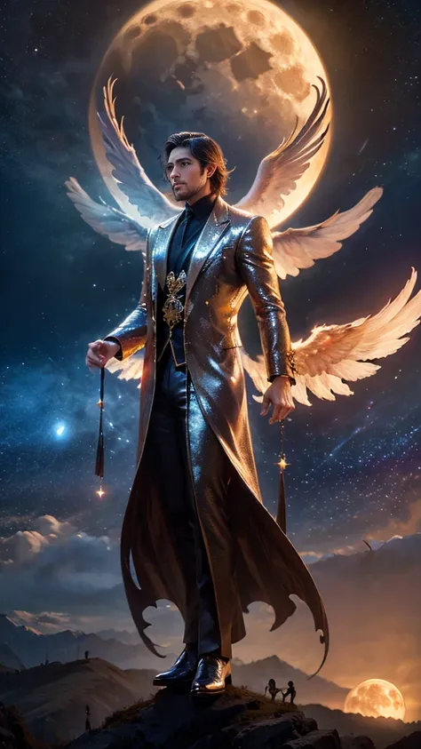 a male 35 year old angel, shiny coat, with thousands massive wings, with a full moon in the background, divine art, 200 feet tall, unknown face detail, stand between two mountains, ultra definition, best quality, 32k ultra, ultra HD.