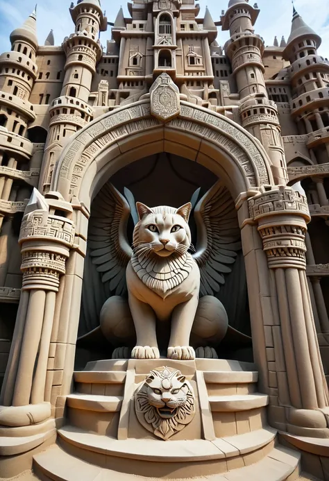 a huge divine cat with big wings. a huge divine cat with big wings. close-up. mythical story background is architectural wonders...