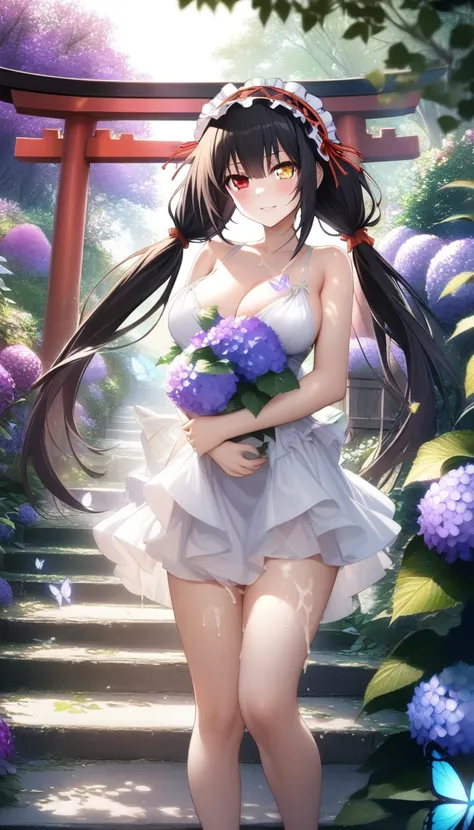 masterpiece, best quality, very aesthetic, absurdres, 1girl, mature_lady,white_dress,(cum_on_body:1.2),,tokisaki_kurumi(date_a_live), black_hair, heterochromia, red_eye, yellow_eye,hairband, lolita_hairband, twintails,,Wallpaper Fusion, dappled sunlight, d...