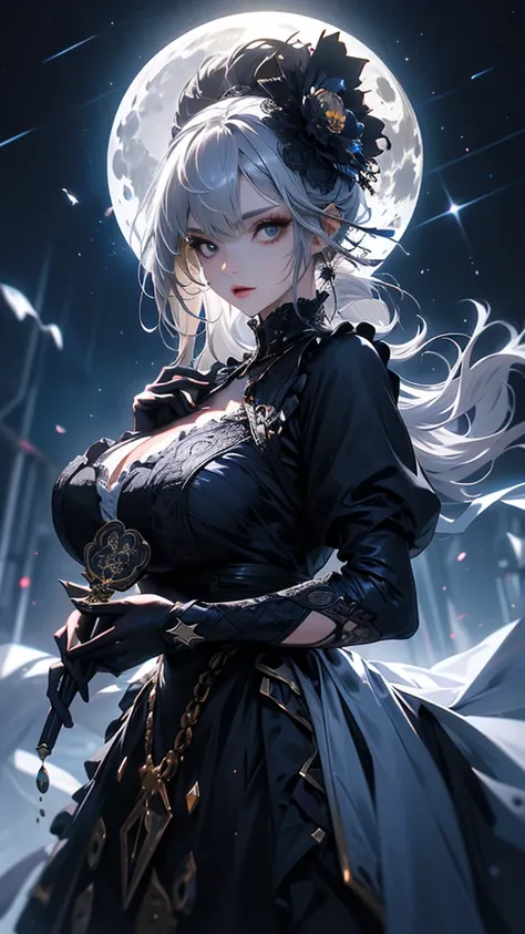 masterpiece, high quality, 4K, Beautiful design, silhouette，Gray Hair， Highly detailed time and space， wonderful, Finer details,  Very knowledgeable woman, Highly detailed solo, 1 female,Big Breasts，Red Gothic Lolita Fashion，Hold the fan in front of your c...