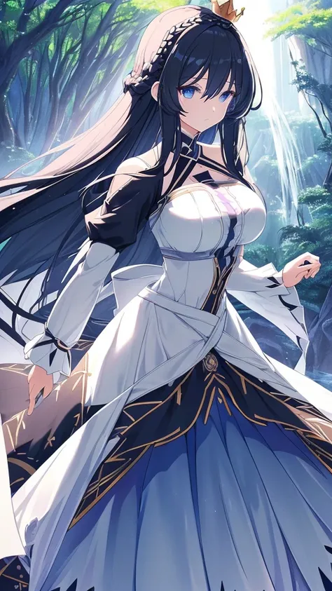 best quality, extremely detailed,anime style girl,long hair down to the waist, straight hair, ((dark black hair with bluish)),((crown braid)),beautiful detailed eyes, pinched eyes, (dark blue eyes),huge breasts,curvy,((((white main princess battle dress)))...