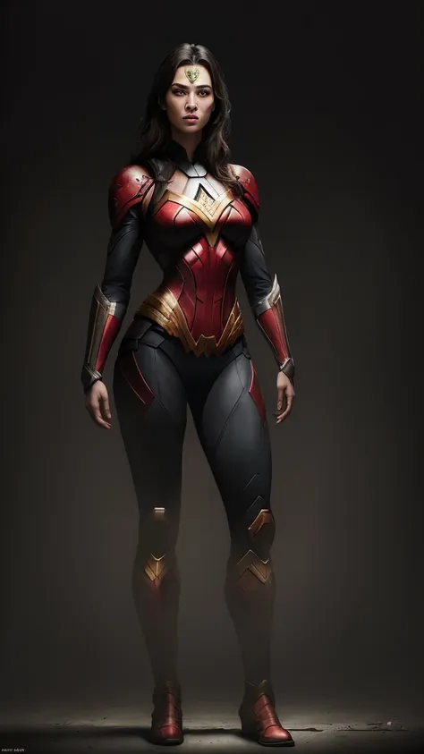 ((full body photo, standing, on the ground)) (dark shot: 1.1), epic realistic, wonder woman red lantern from dc, yellow gradient...