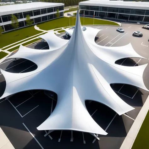 Arav structure of white fabric with parked cars in parking lot, tent architecture, canopee, in style of Zaha Hadid architect, High-quality architectural art, Zaha Hadid style architecture, Canopies, Curved Building, Futuristic structure, Nice design, Clari...