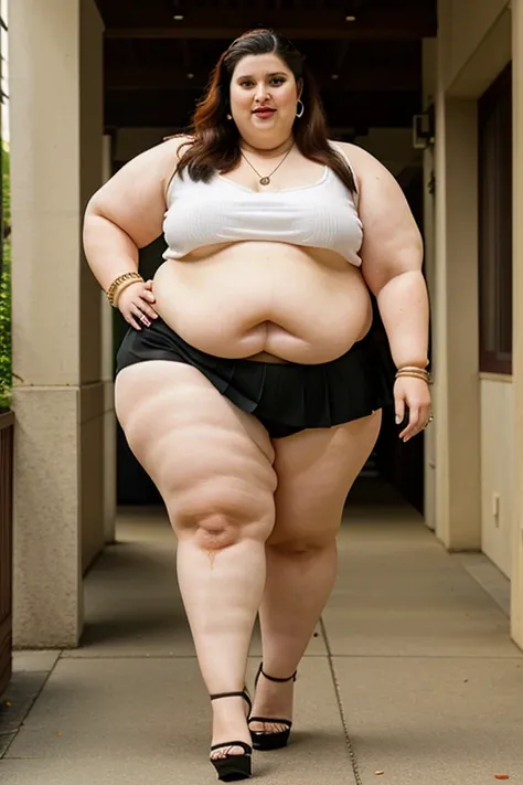 masterpiece, best quality, live action photo, 140kg extremely obese woman, large stomach, mini skirt, high heel, necklace, earring, bracelet