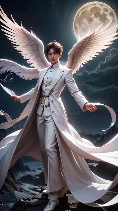 a male 35 year old angel, white coat, with thousands massive wings, with a full moon in the background, divine art, his size is ...