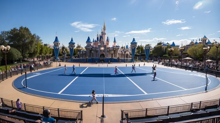 An empty Disneyland-style outdoor dance stage during the day