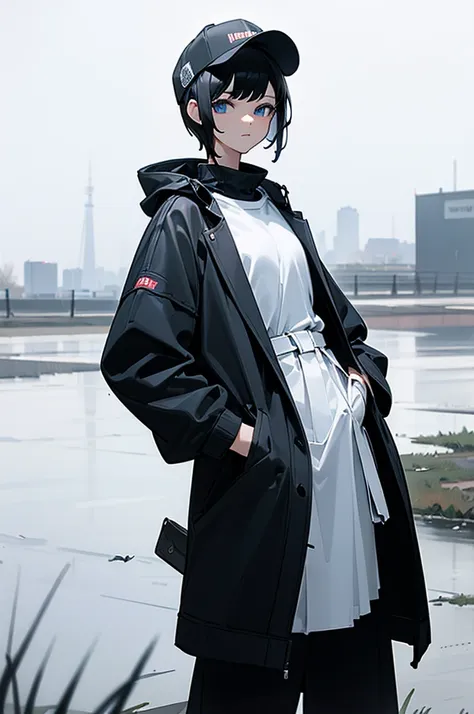 (((masterpiece, figure, Highest quality))), One girl, alone, blue eyes, ((Highly detailed eyes)), View, ((short hair)), ((Black Hair)), Are standing, ((Baseball cap)), White Hat, Black jacket, (Closed Sweater), ((landscape:White Background)), Black socks, ...