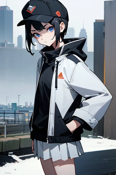 (((masterpiece, figure, Highest quality))), One girl, alone, blue eyes, ((Highly detailed eyes)), View, ((short hair)), ((Black Hair)), Are standing, ((Baseball cap)), White Hat, Black jacket, (Closed Sweater), ((landscape:White Background)), Black socks, ...