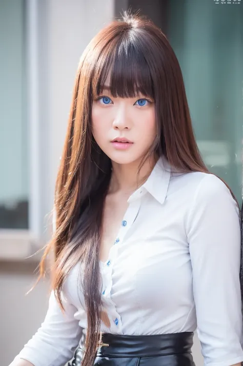 30-year-old woman,Long face,albino,Asian,Long Hair,Long Bangs,Blue Eyes,White Shirt,Leather pants