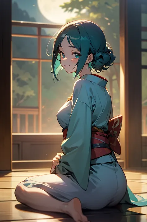 masterpiece, best quality, ultra detailed, outside, river, a girl, samurai, a kitty, happy, smiling, sitting on the floor, looking away, bob, curly, aqua hair, odd eyes, droopy eyes, pale skin, , beautiful breasts, kimono, with a full moon, in the evening,...