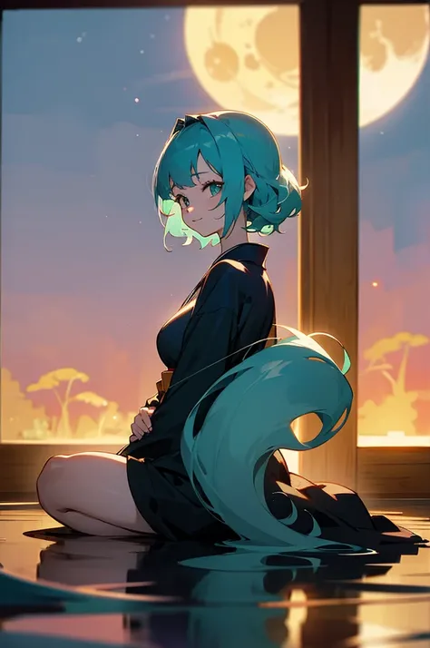 masterpiece, best quality, ultra detailed, outside, river, a girl, samurai, a kitty, happy, smiling, sitting on the floor, looking away, bob, curly, aqua hair, odd eyes, droopy eyes, pale skin, , beautiful breasts, kimono, with a full moon, in the evening,...