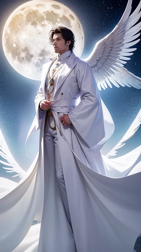 a male 35 year old angel, white coat, with thousands massive wings, with a full moon in the background, divine art, his size is bigger than mountain, stand between two mountains, ultra definition, best quality, 32k ultra, ultra HD.