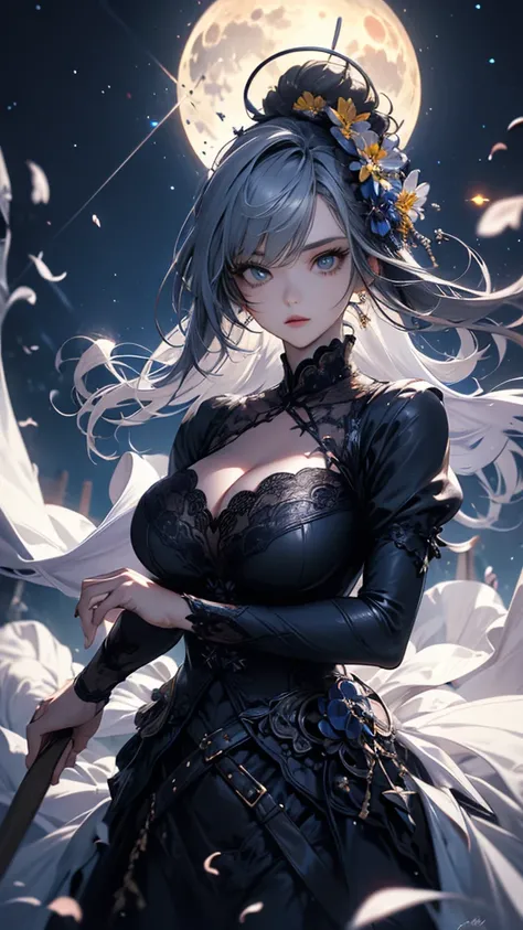 masterpiece, high quality, 4K, Beautiful design, silhouette，Gray Hair， 非常に詳細な夜のStarry Sky,Flower Field， wonderful, Finer details,  Very knowledgeable woman, Highly detailed solo, 1 female,Big Breasts，Gothic Lolita Fashion，Hold the fan in front of your ches...