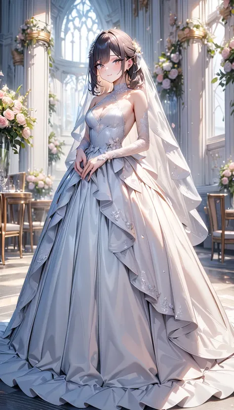 masterpiece , modern, Verism, masterpiece, super detail, best quality, 4K ,(whole body)、(upright)、Cute single women、Wedding dress,(((黒い瞳)))